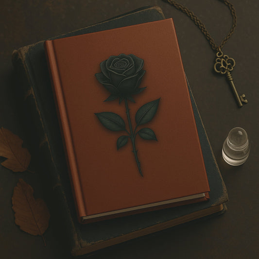 Carnet de note - La mémoire du cuir - Journal intime posé sr un ancien livre et à côté une petite fiole, des feuilles d'arbre séchées et une clef en pendentif