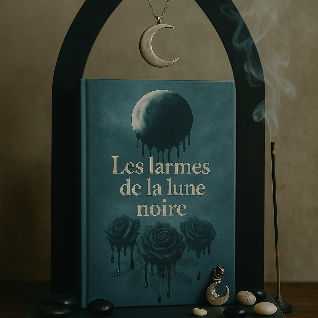 Livre de deuil déposé sur un meuble en bois accompagné d'encens et de pierres