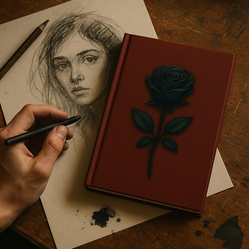 Carnet de note - La mémoire du cuir - Journal intime déposé sur un dessin fait au fusain, posé sur une table en bois foncé