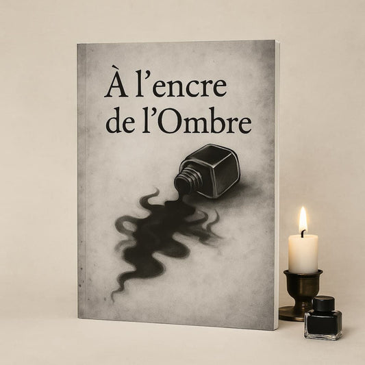 Carnet de notes - À l'encre de l'Ombre - Journal intime posé à la verticale avec une bougie allumée et un encrier à côté