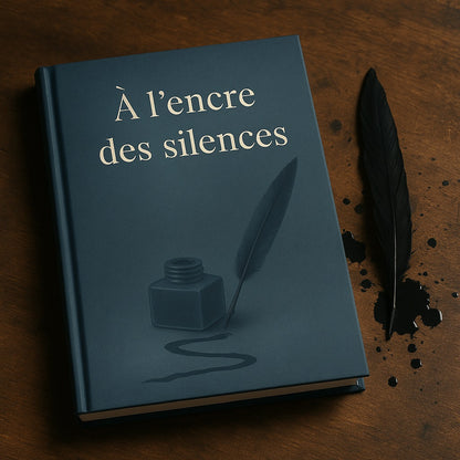 Carnet de notes - À l'encre des silences - Journal intime posé sur un meuble en bois brun foncé avec une plume noire et de l'encre sur le meuble à côté du livre