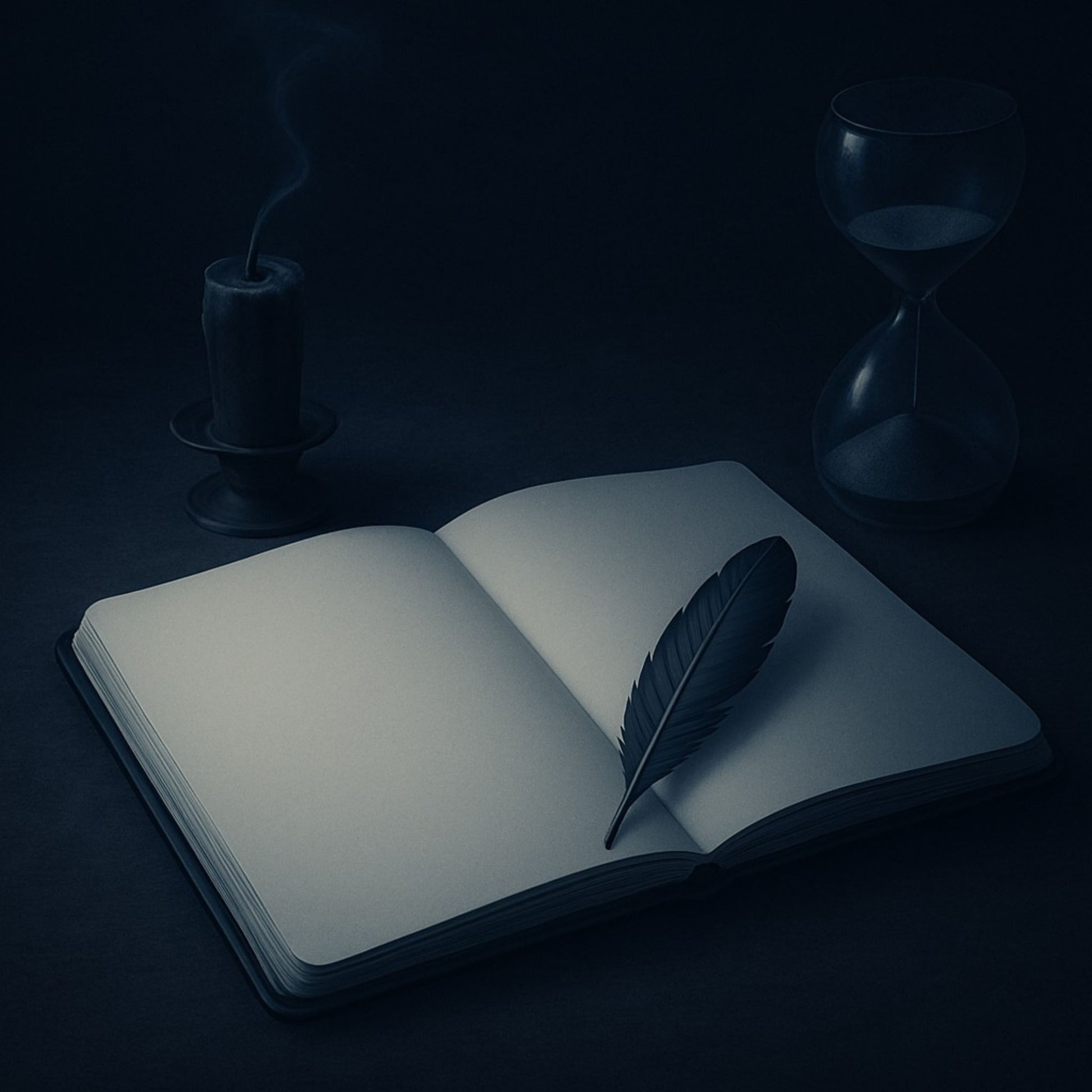 Carnet de notes Ce que la nuit confesse - Journal intime livre ouvert sur des pages blanches avec ambiance ombreuse avec une bougie éteinte, une plume noire et un sablier en décor