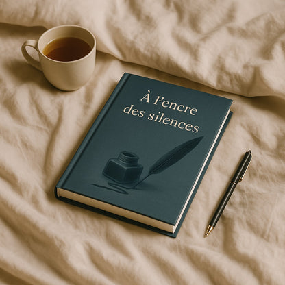 Carnet de notes - À l'encre des silences - Journal intime déposé sur une couverture beige à côté une tasse de thé