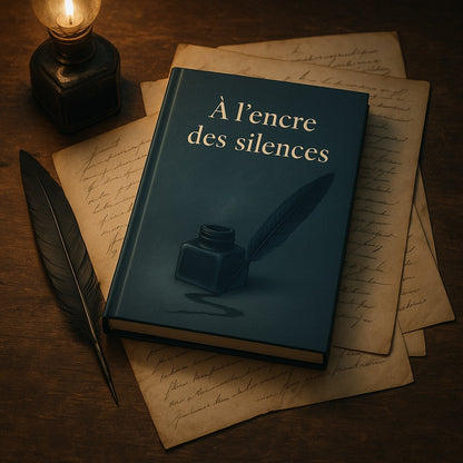 Carnet de notes - À l'encre des silences - Journal intime déposé sur des lettres manuscrites anciennes avec à côté une plume noire et une bougie allumée