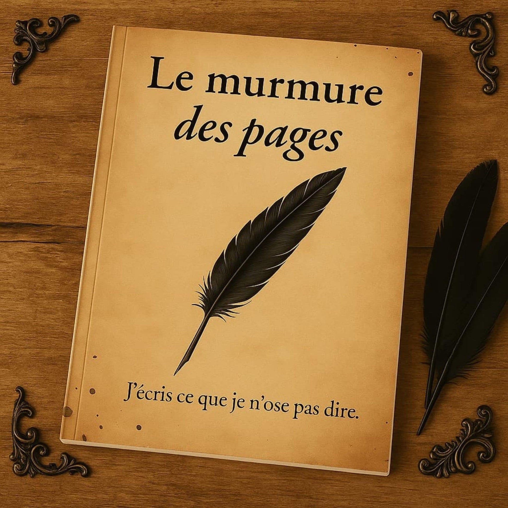 Carnet de notes - Le murmure des pages - Journal intime posé sur un meuble en bois avec à côté des plumes noires