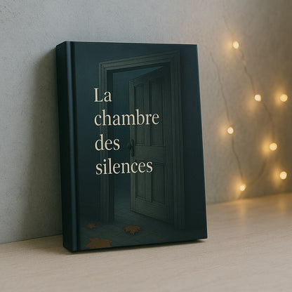 Carnet de notes - La chambre des silences - Journal intime déposé contre un mur gris, posé sur un meuble en bois blanc avec des petites lumières en arrière plan