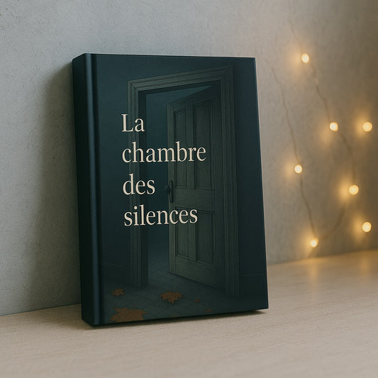 Carnet de notes - La chambre des silences - Journal intime déposé contre un mur gris, posé sur un meuble en bois blanc avec des petites lumières en arrière plan