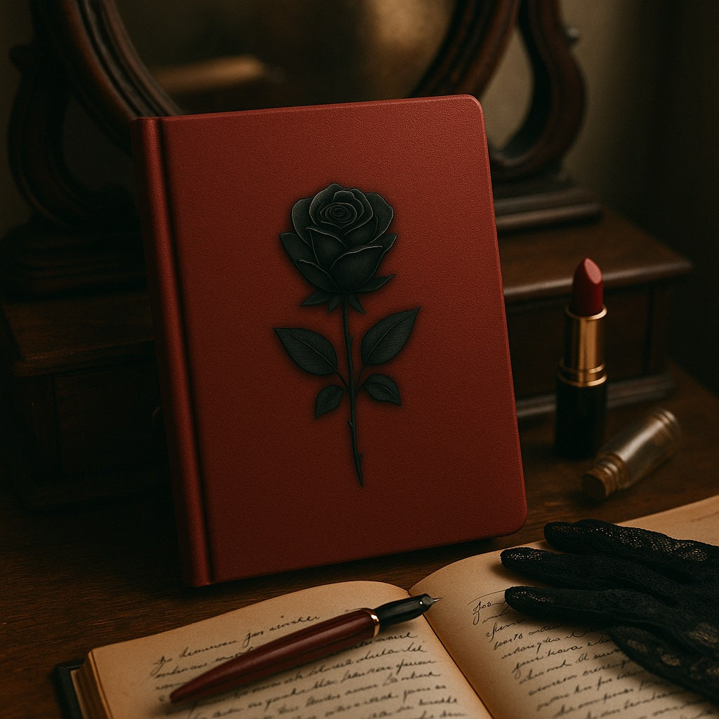 Carnet de note - La mémoire du cuir - Journal intime déposé sur un miroir ancien avec à côté un gant noir dentelé, un carnet ouvert, un stylo et un rouge à lèvre