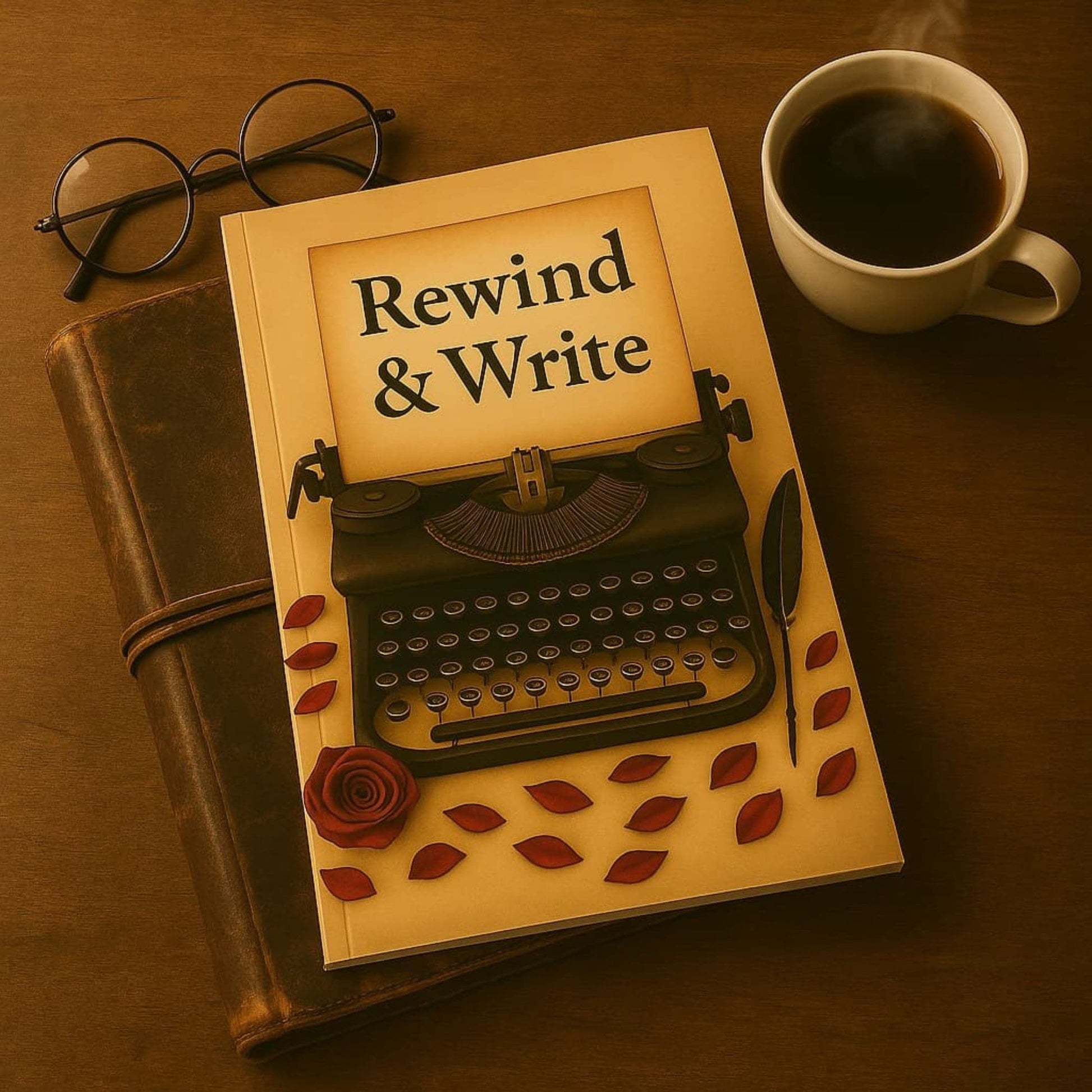 Carnet de notes- Rewind & Write - Journal intime déposé sur un vieux livre sur un meuble en bois avec à côté une tasse de café et une paire de lunettes de ecture