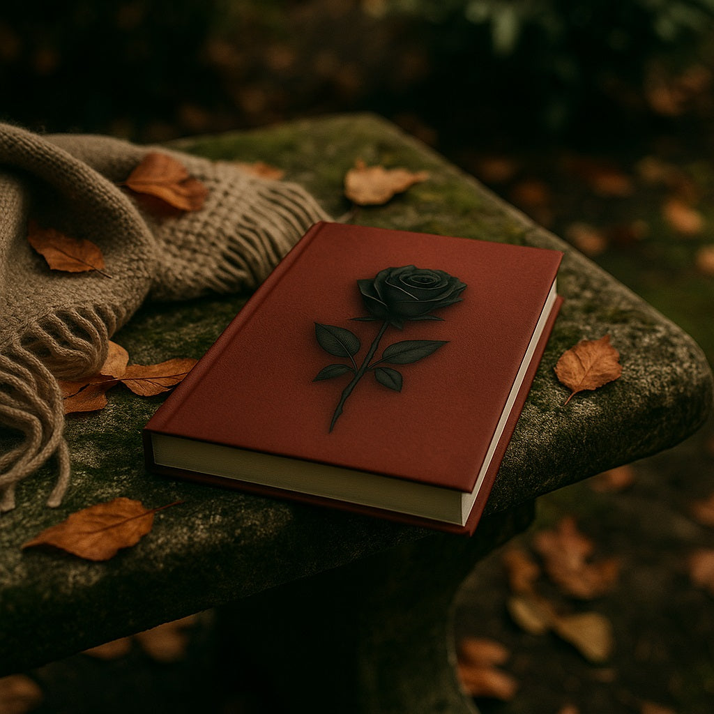 Carnet de note - La mémoire du cuir - Journal intime déposé sur un banc en pierre ancien avec à côté des feuilles d'arbre fanée et une écharpe en laine brun clair
