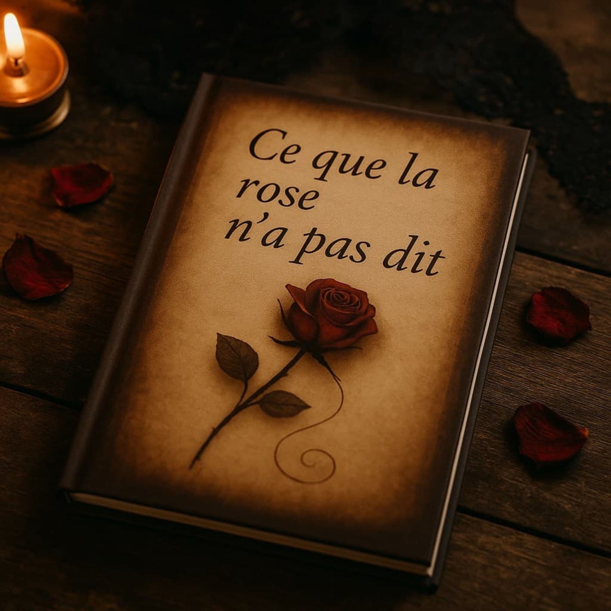 Carnet de notes - Ce que la rose n'a pas dit - Journal intime posé sur un meuble en bois avec à côté des pétales de roses rouges et une bougie allumée