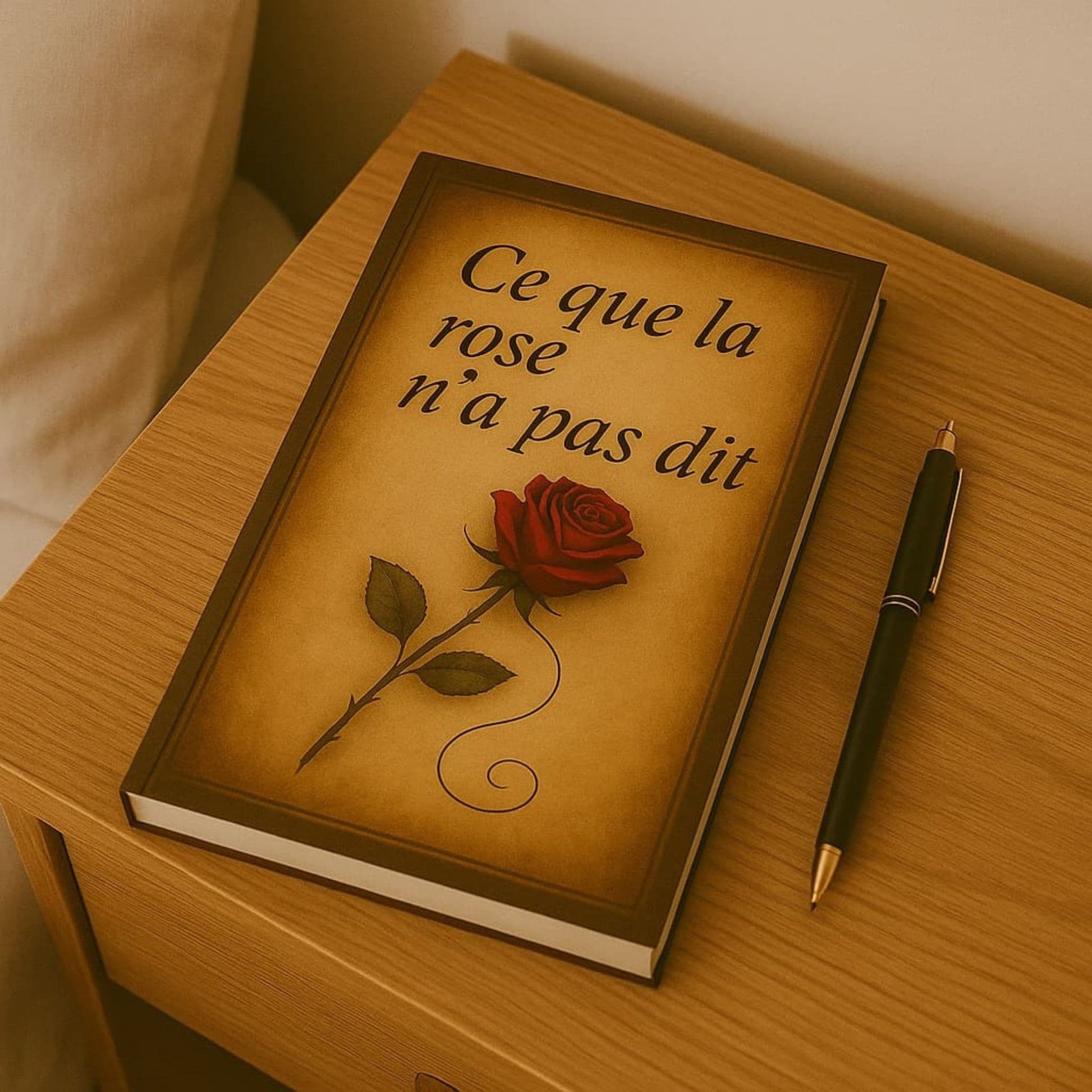Carnet de notes - Ce que la rose n'a pas dit - Journal intime posé sur une table de chevet avec un stylo à bille à côté