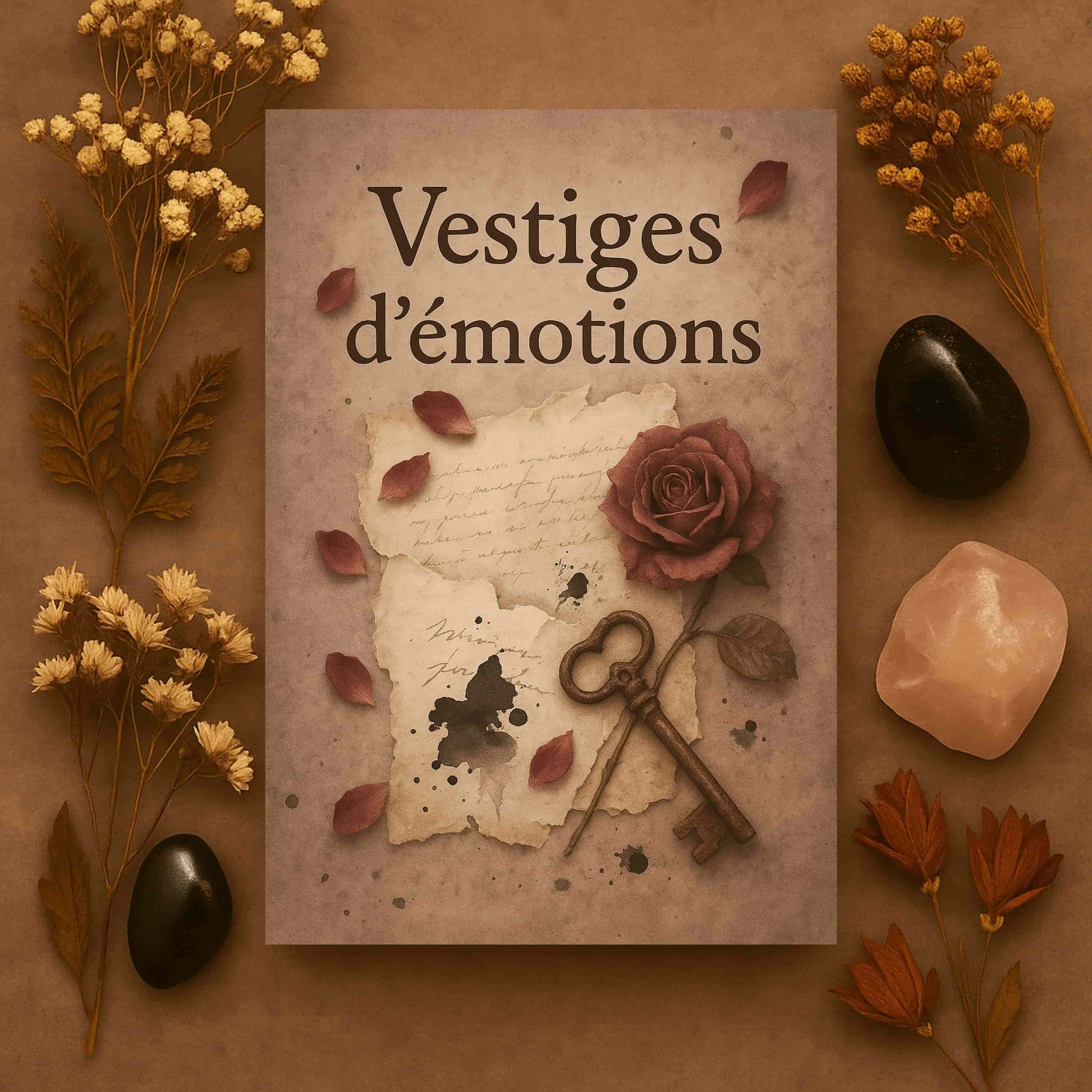 Carnet de notes - Vestiges d'émotions - Journal intime posé sur un meuble en bois avec des pierres précieuses et des brins séchés à côté