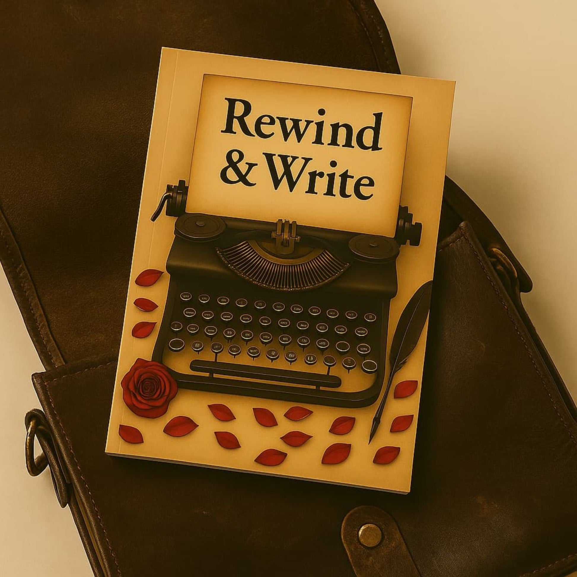 Carnet de notes- Rewind & Write - Journal intime posé sur un ancien sac en cuir brun